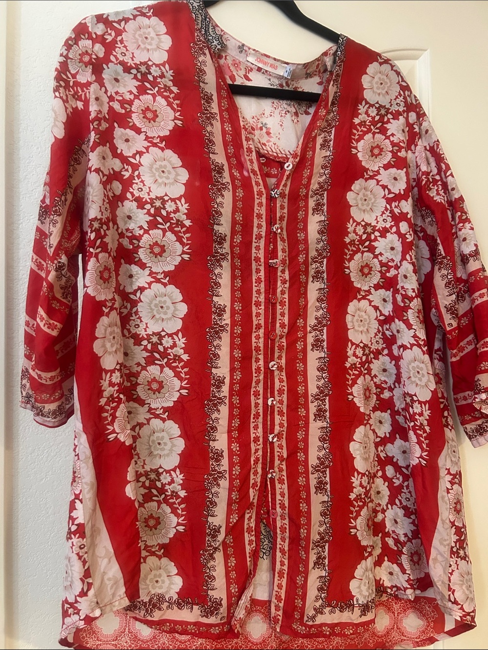 Johnny Was Red and White Floral Button-Front Tunic